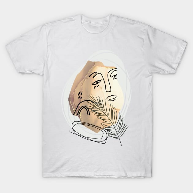 Golden face, abstract face art, one line face drawing sketch modern illustration prints, leaf art T-Shirt by Modern Art